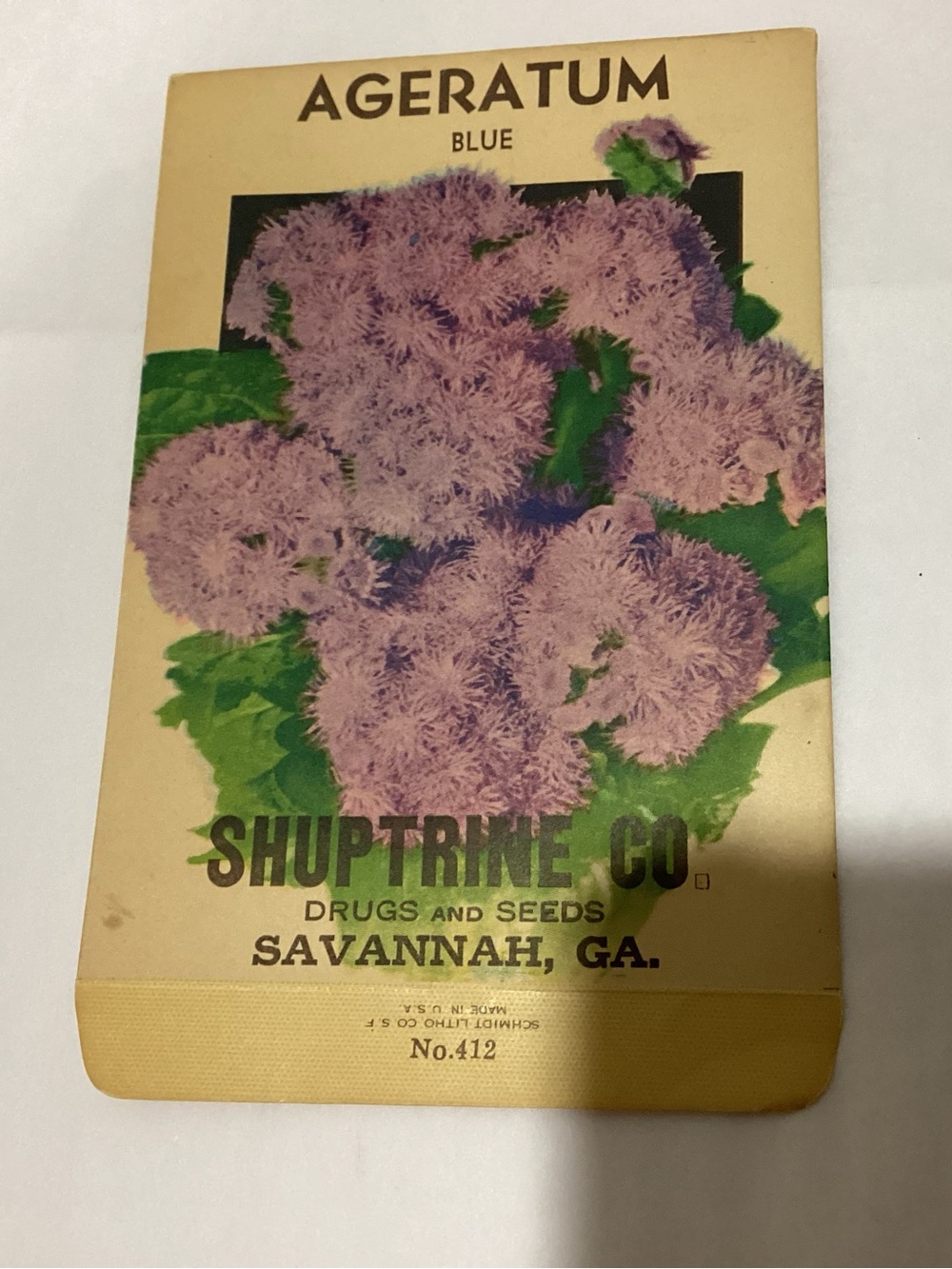 Vintage 1930-1950 AGERATUM BLUE Shuptrine Co. Drugs and seeds Savannah GA